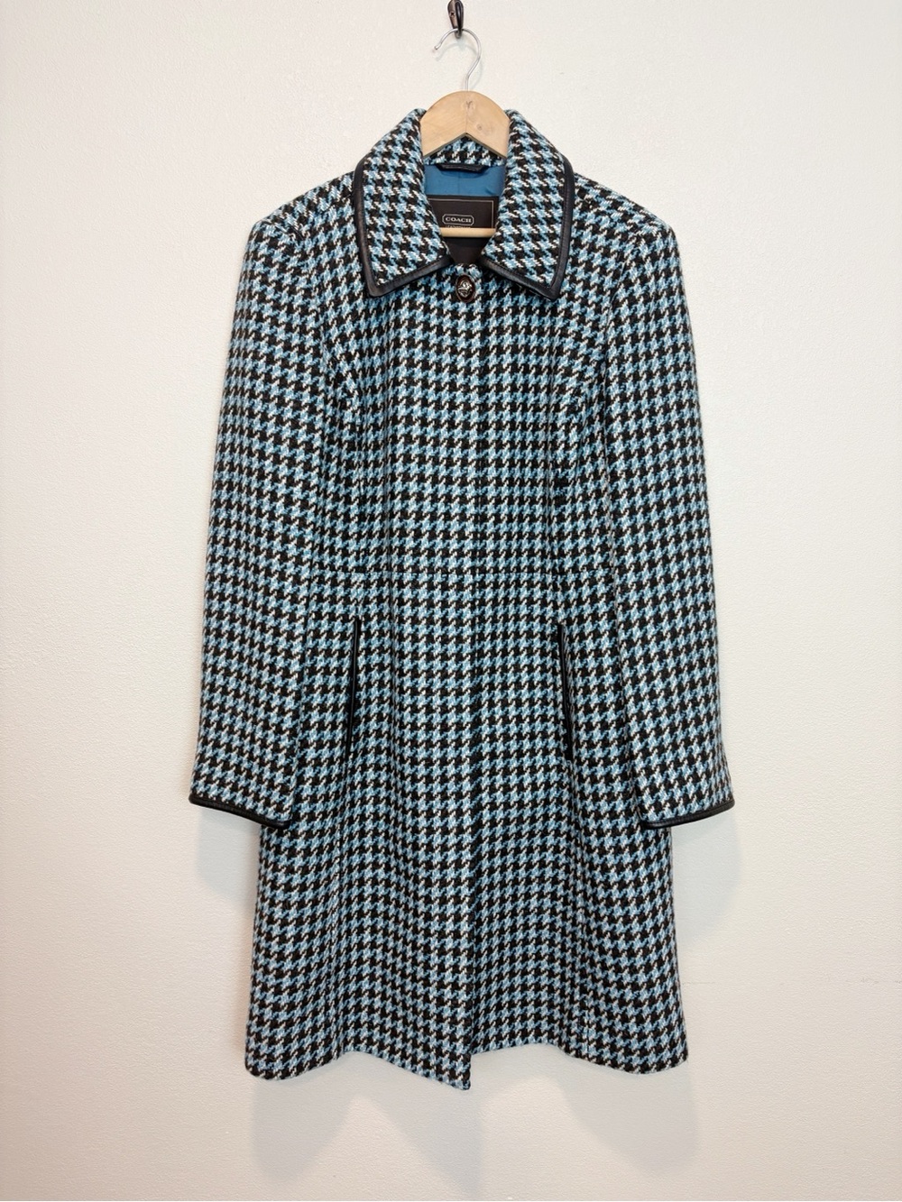 Coach Brown & Light Blue Houndstooth Wool Coat with Leather Trim Size Large